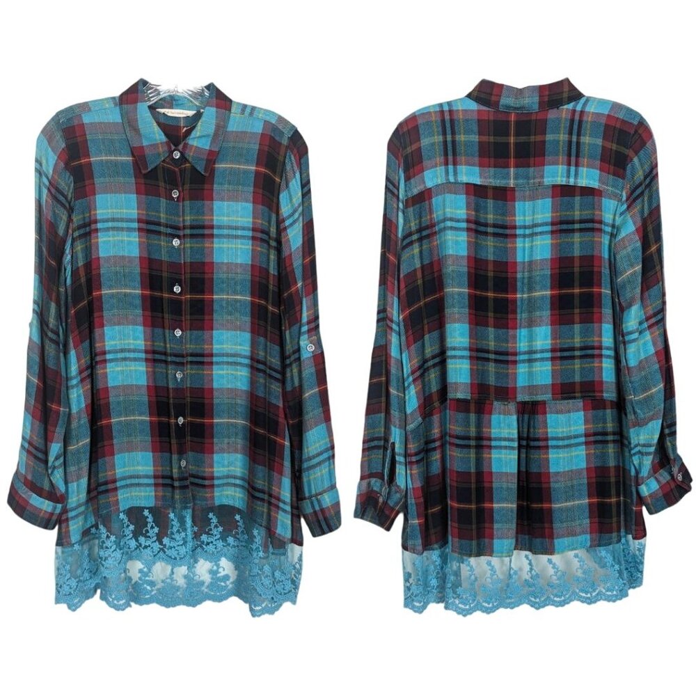 Soft Surroundings Adeline Blue Plaid Lace him Tab sleeves Tunic Size‎ S